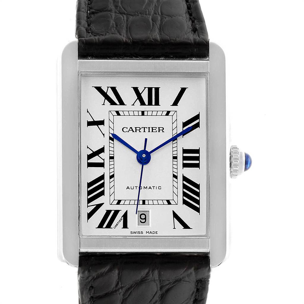 The image shows a frontal view of the Cartier Tank Solo W5200027 Men's Stainless Steel Silver Dial W5200027 Men's Stainless Steel Silver Dial watch face and part of the leather strap.