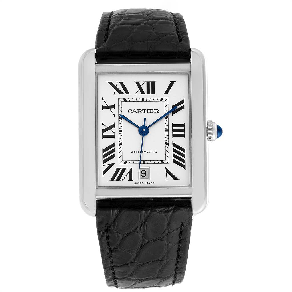 The image shows a front view of a Cartier Tank Solo W5200027 Men's Stainless Steel Silver Dial W5200027 Men's Stainless Steel Silver Dial watch with a rectangular face, Roman numerals, and a black leather strap.