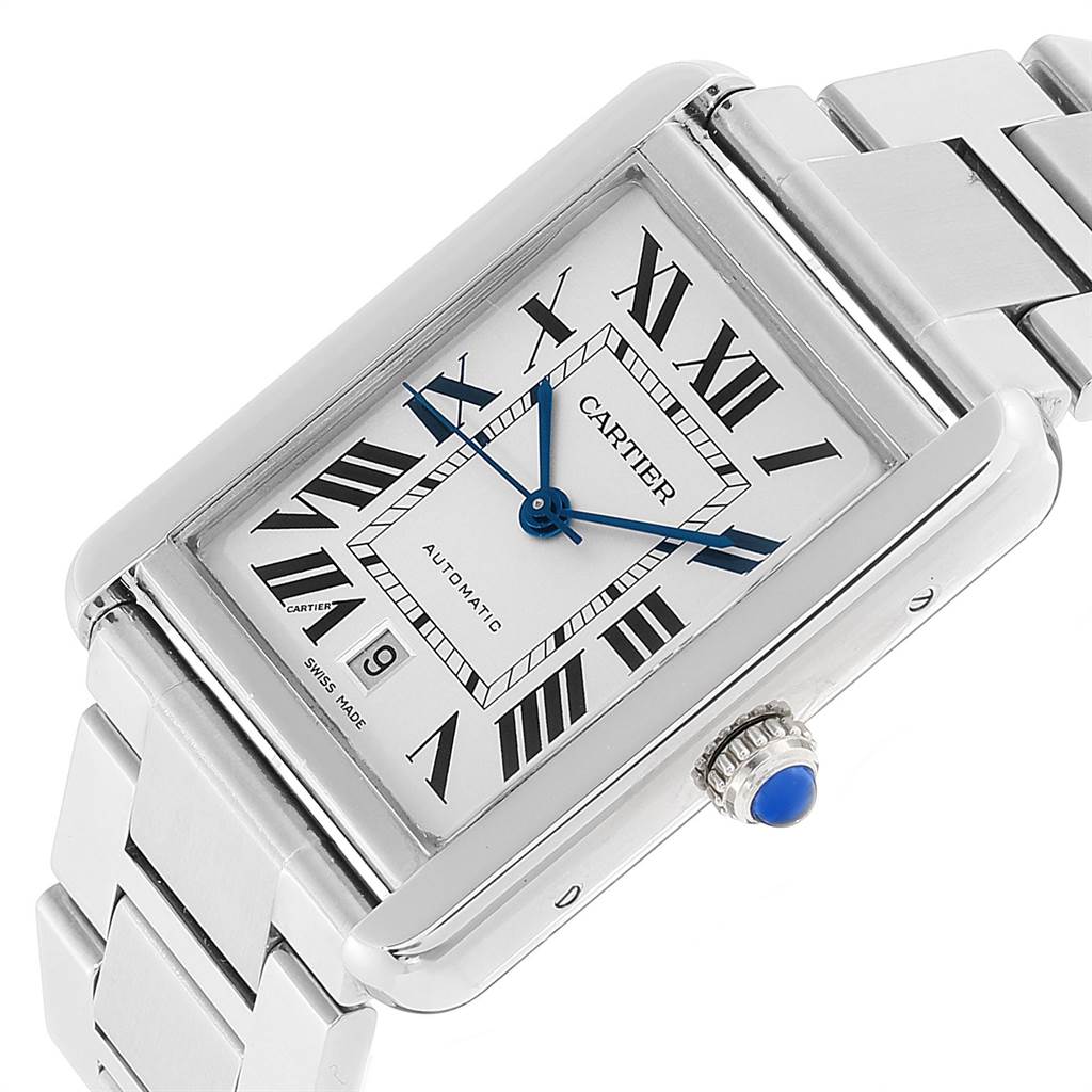The image shows an angled view of the Cartier Tank Solo W5200028 Men's Stainless Steel Silver Dial W5200028 Men's Stainless Steel Silver Dial watch, displaying the face, crown, and partially the bracelet.