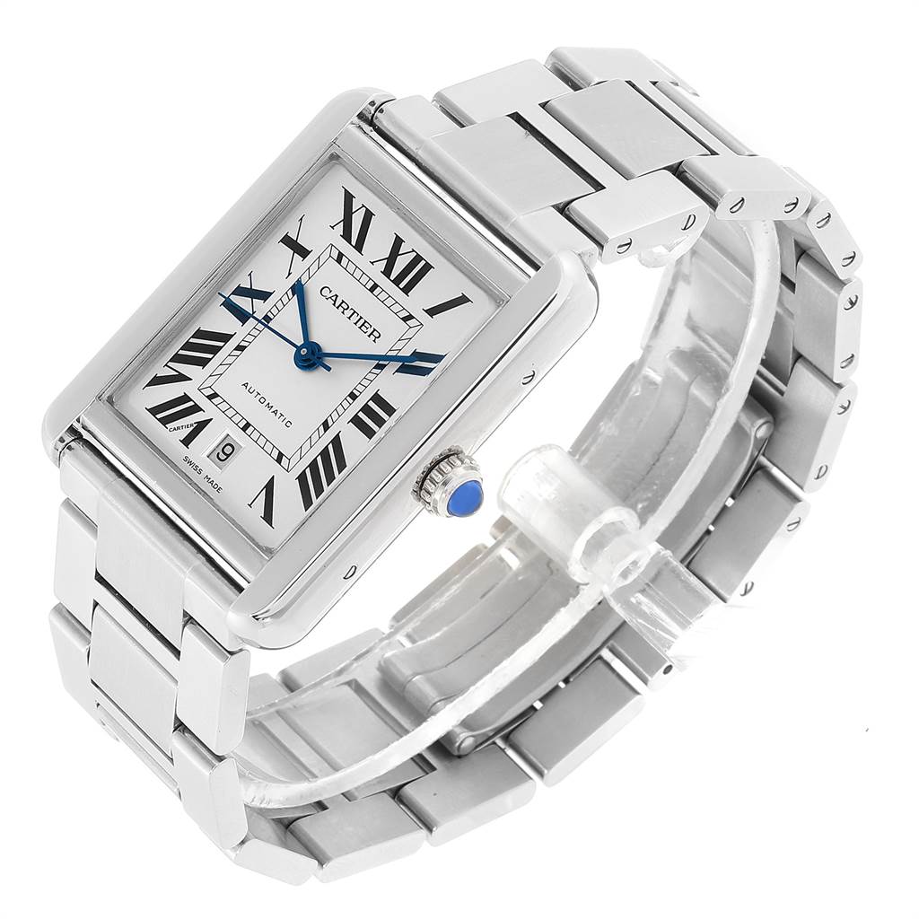 The image shows a side view of a Cartier Tank Solo W5200028 Men's Stainless Steel Silver Dial W5200028 Men's Stainless Steel Silver Dial watch, featuring its rectangular face, metal band, and blue-tipped crown.