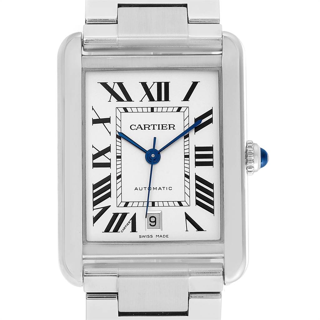 This image shows a head-on view of a Cartier Tank Solo W5200028 Men's Stainless Steel Silver Dial W5200028 Men's Stainless Steel Silver Dial watch, highlighting its face, bezel, and bracelet.