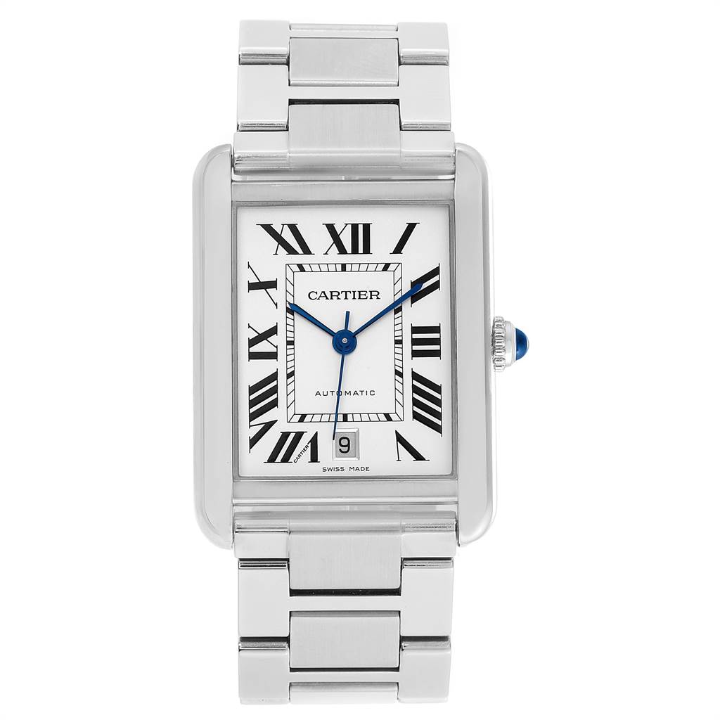 The image shows a frontal view of the Cartier Tank Solo W5200028 Men's Stainless Steel Silver Dial W5200028 Men's Stainless Steel Silver Dial watch, highlighting the dial, bracelet, and crown.