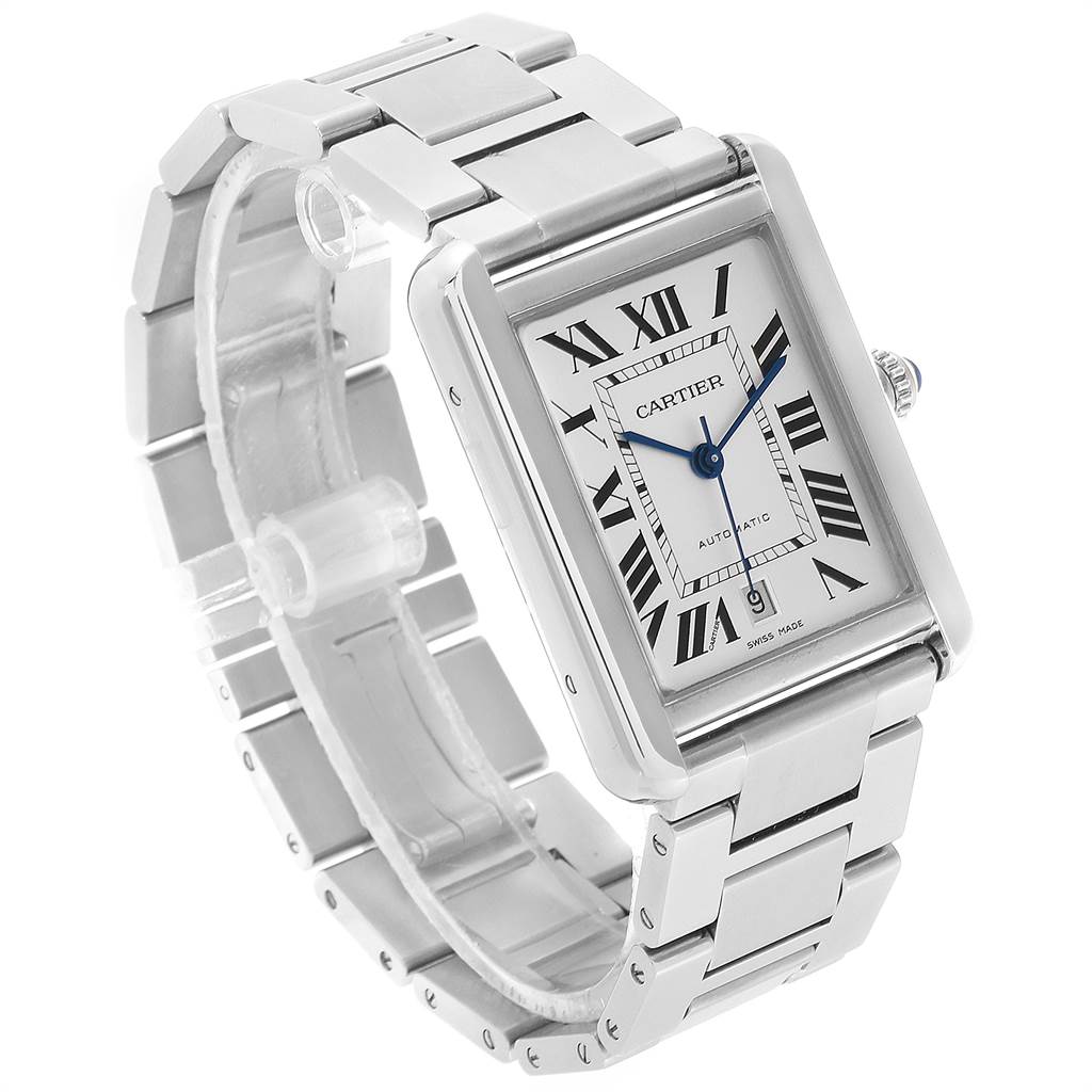 The Cartier Tank Solo W5200028 Men's Stainless Steel Silver Dial W5200028 Men's Stainless Steel Silver Dial watch is shown at an angled view, highlighting its rectangular face, Roman numerals, and metal bracelet.