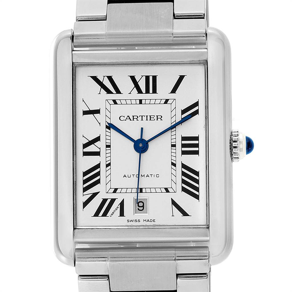 The image shows a frontal view of the Cartier Tank Solo W5200028 Men
s Stainless Steel Silver Dial W5200028 Men
s Stainless Steel Silver Dial watch, highlighting its face, straps, and crown.