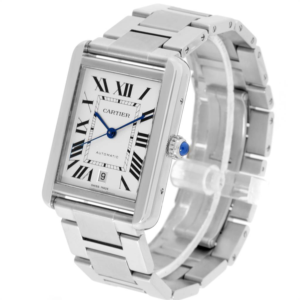 The image shows a Cartier Tank Solo W5200028 Men
s Stainless Steel Silver Dial W5200028 Men
s Stainless Steel Silver Dial watch at an angle highlighting its face, bezel, crown, and metal bracelet.