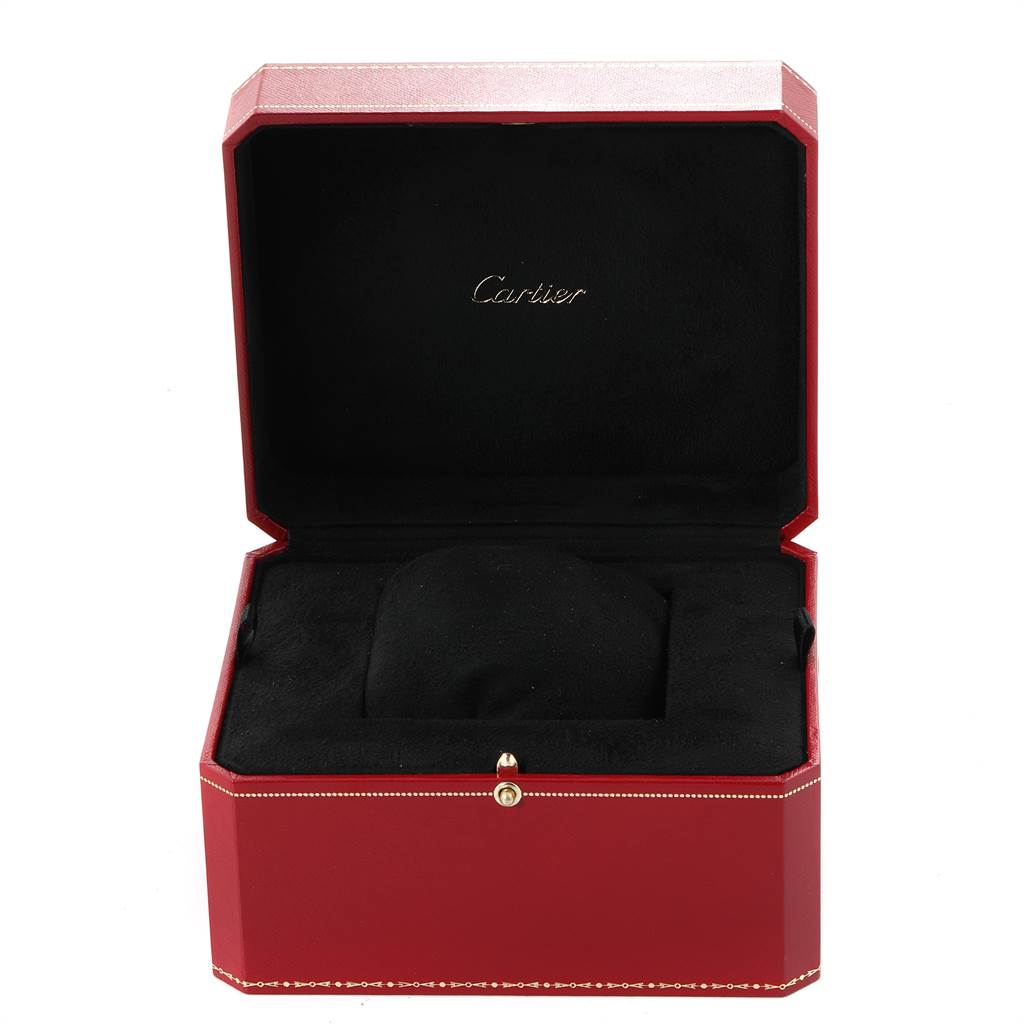 The image shows an open Cartier Tank Solo W5200028 Men
s Stainless Steel Silver Dial W5200028 Men
s Stainless Steel Silver Dial watch box, revealing the interior cushion and lining.