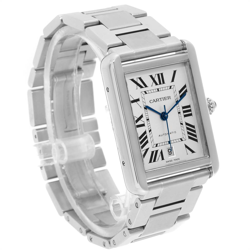 This image shows a three-quarter angle view of the Cartier Tank Solo W5200028 Men
s Stainless Steel Silver Dial W5200028 Men
s Stainless Steel Silver Dial wristwatch, highlighting its face, bracelet, and crown.