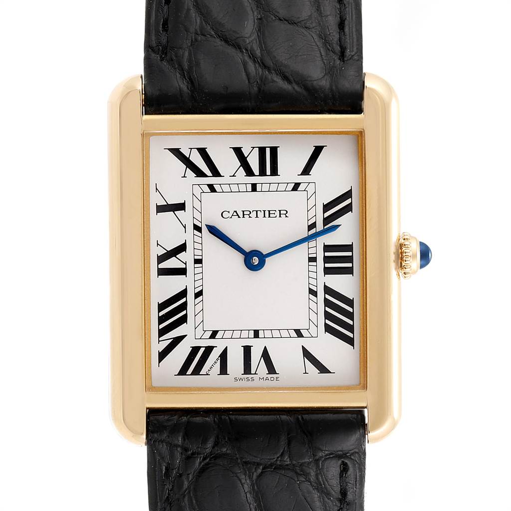 This image shows a front view of the Cartier Tank Solo W1018855 Men
s Steel and Gold (two tone) Silver Dial W1018855 Men
s Steel and Gold (two tone) Silver Dial watch, displaying its rectangular dial, Roman numerals, blue hands, and leather strap.
