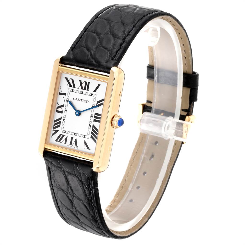 The image shows a Cartier Tank Solo W1018855 Men
s Steel and Gold (two tone) Silver Dial W1018855 Men
s Steel and Gold (two tone) Silver Dial watch at a slight angle, displaying its rectangular dial, Roman numerals, blue hands, and black leather strap.