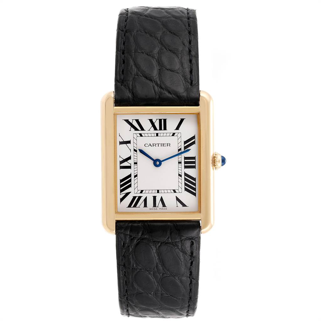The image shows a front view of a Cartier Tank Solo W1018855 Men
s Steel and Gold (two tone) Silver Dial W1018855 Men
s Steel and Gold (two tone) Silver Dial watch with a rectangular face and a black leather strap.