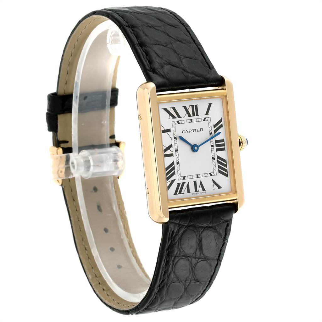 The image shows a Cartier Tank Solo W1018855 Men
s Steel and Gold (two tone) Silver Dial W1018855 Men
s Steel and Gold (two tone) Silver Dial watch at a three-quarter angle, highlighting its rectangular face, Roman numerals, and black leather strap.