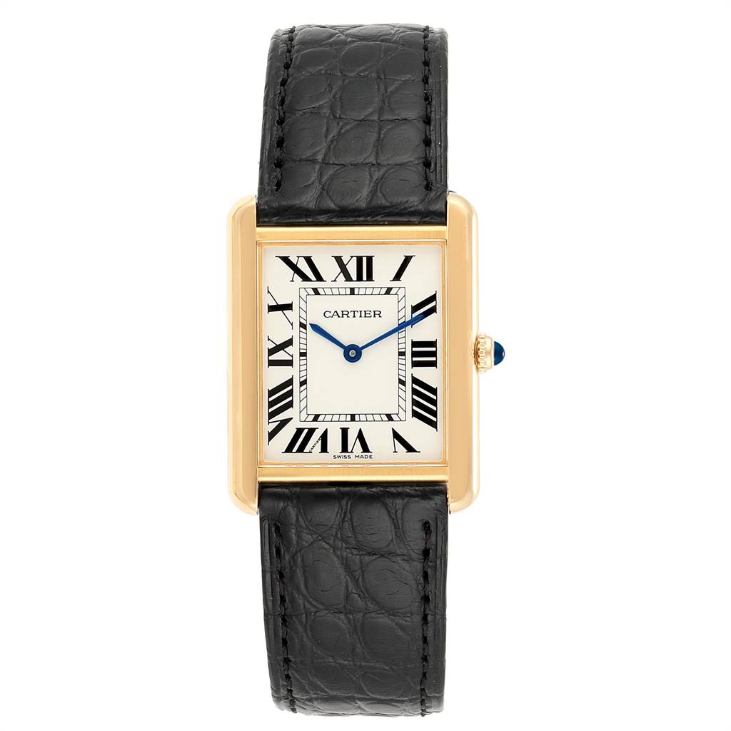 The image shows a front view of the Cartier Tank Solo W1018855 Men's Steel and Gold (two tone) Silver Dial W1018855 Men's Steel and Gold (two tone) Silver Dial watch, displaying its face, strap, and side crown.