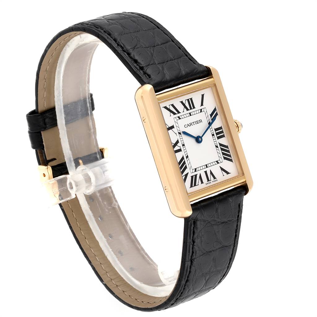The Cartier Tank Solo W1018855 Men's Steel and Gold (two tone) Silver Dial W1018855 Men's Steel and Gold (two tone) Silver Dial watch is shown at a three-quarter angle, displaying the face, strap, and side crown.