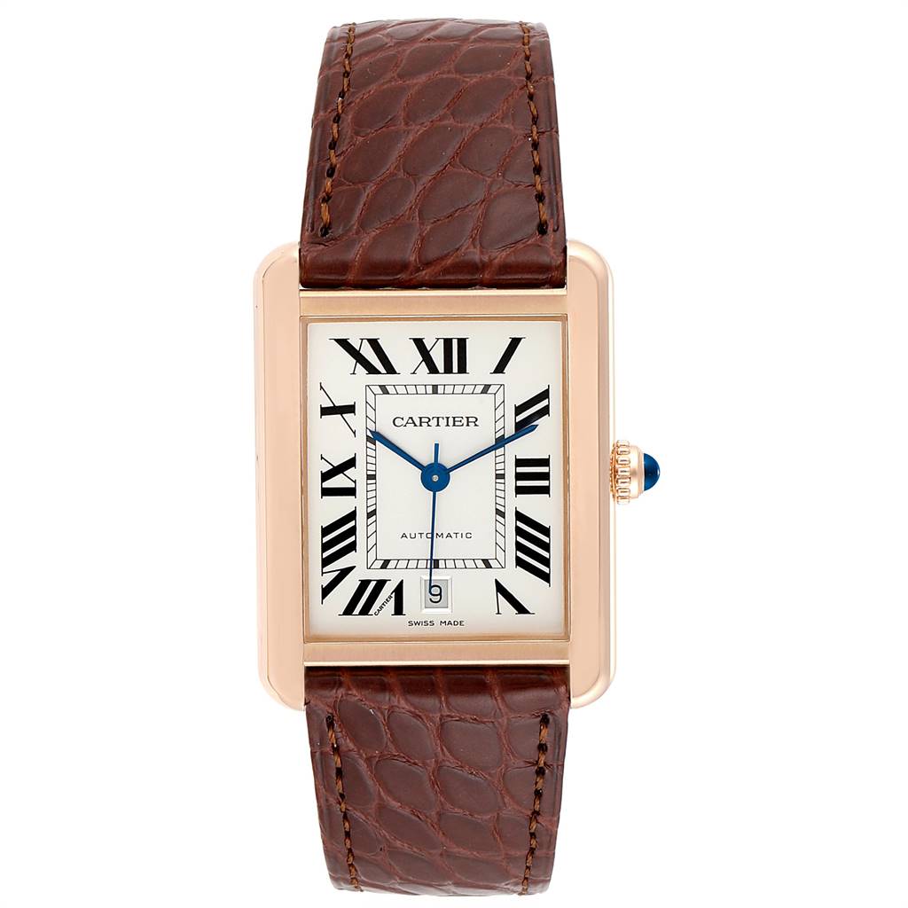 The image shows a Cartier Tank Solo W5200026 Men
s Steel and Gold (two tone) Silver Dial W5200026 Men
s Steel and Gold (two tone) Silver Dial watch from a front view, featuring its brown leather strap, rectangular dial, Roman numerals, and central blue hands.