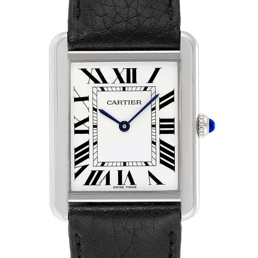 This image shows a front view of the Cartier Tank Solo W1018355 Men
s Stainless Steel Silver Dial W1018355 Men
s Stainless Steel Silver Dial watch, featuring its Roman numeral dial, blued-steel hands, and a black leather strap.