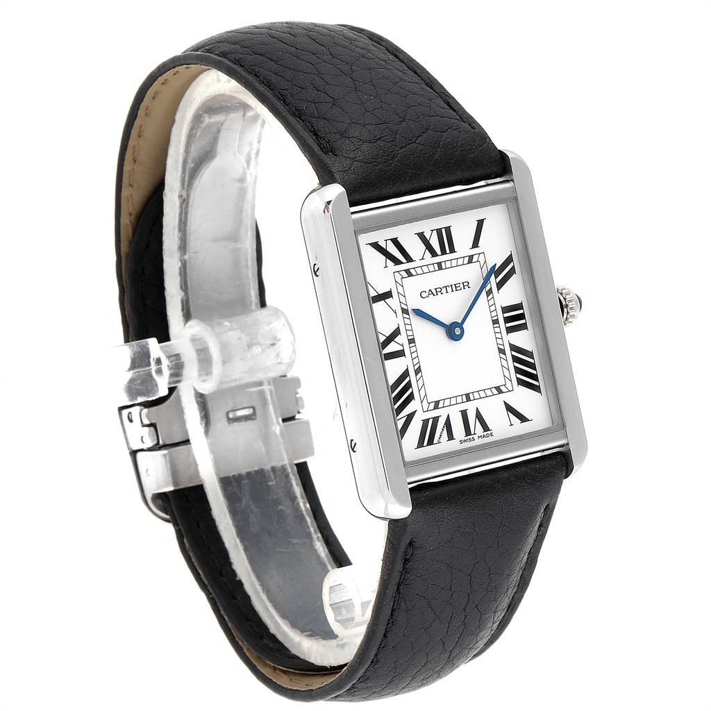 This Cartier Tank Solo W1018355 Men
s Stainless Steel Silver Dial W1018355 Men
s Stainless Steel Silver Dial watch is shown at an angled side view, displaying its face, bezel, and leather strap.