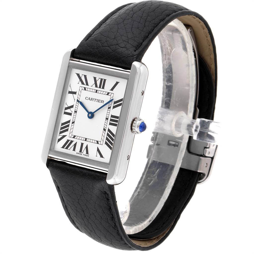 The Cartier Tank Solo W1018355 Men
s Stainless Steel Silver Dial W1018355 Men
s Stainless Steel Silver Dial watch is shown at an angle, highlighting its rectangular case, Roman numeral dial, and black leather strap.