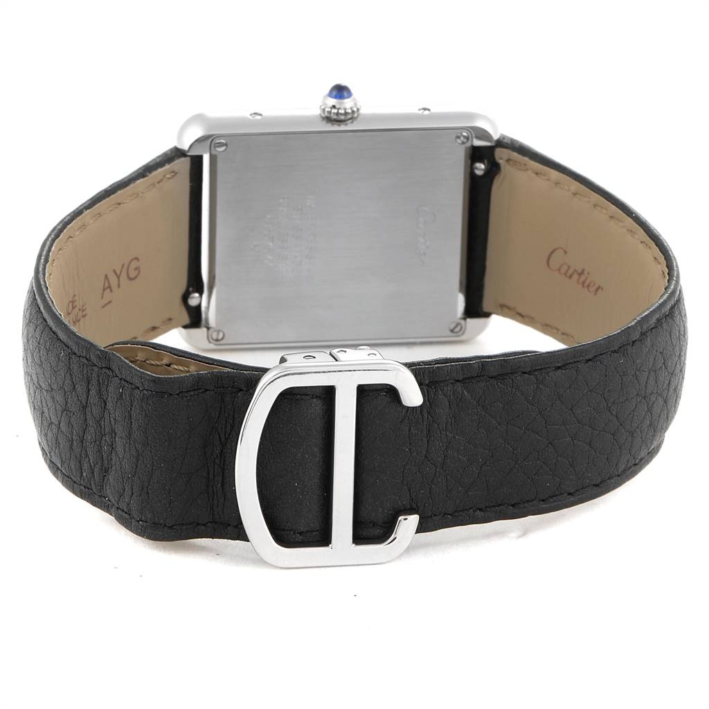 The image shows the back view of a Cartier Tank Solo W1018355 Men
s Stainless Steel Silver Dial W1018355 Men
s Stainless Steel Silver Dial watch, highlighting its leather strap and clasp.