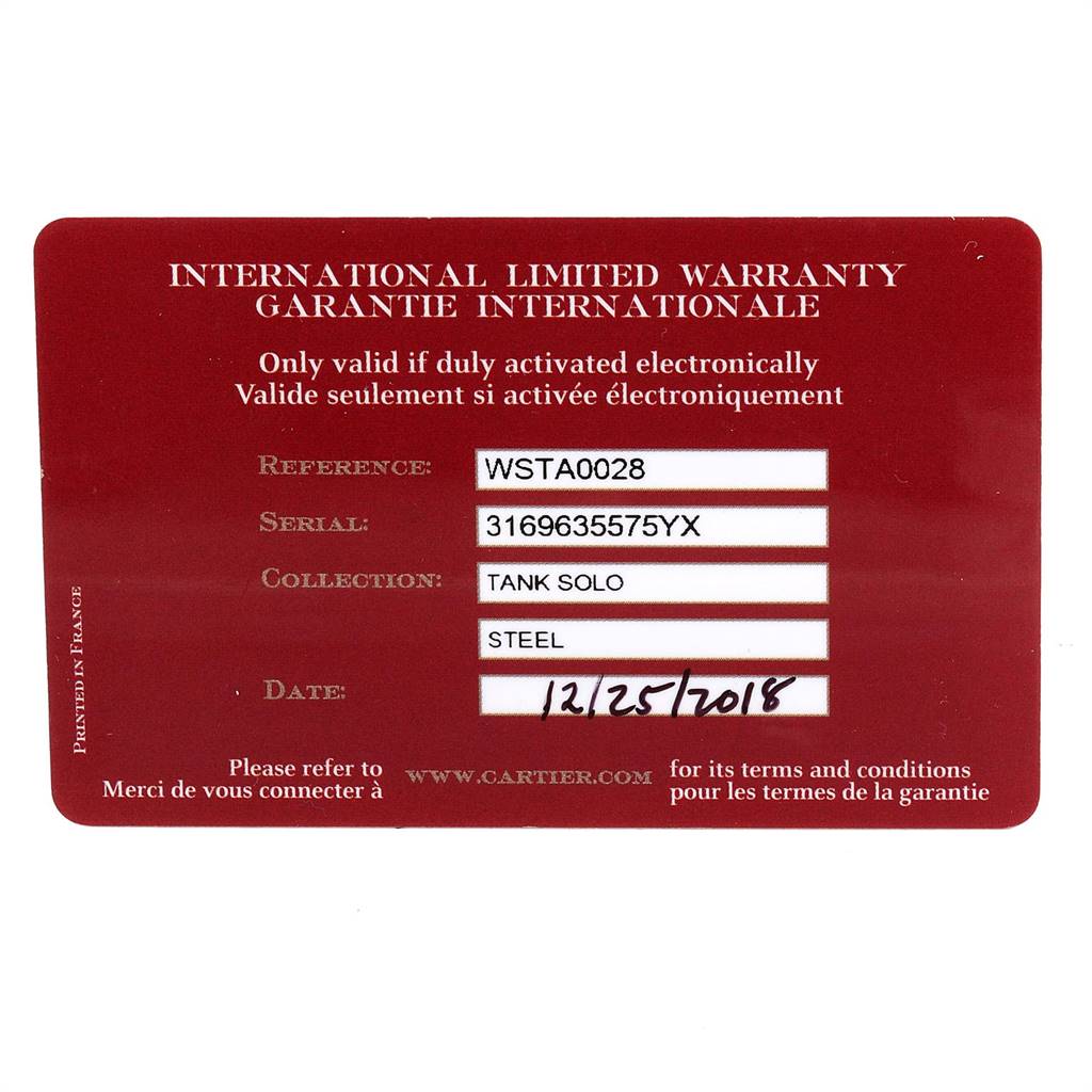 This image shows the international limited warranty card for the Cartier Tank Solo W1018355 Men
s Stainless Steel Silver Dial W1018355 Men
s Stainless Steel Silver Dial model watch.