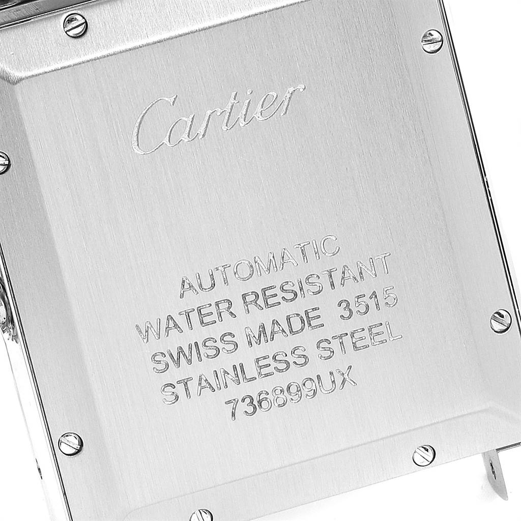 This is a close-up view of the back casing of a Tank Solo model watch by Cartier.