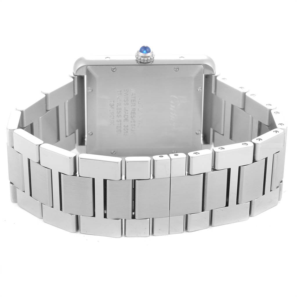 This image shows the back and part of the bracelet of a Cartier Tank Solo W5200028 Men's Stainless Steel Silver Dial W5200028 Men's Stainless Steel Silver Dial watch.