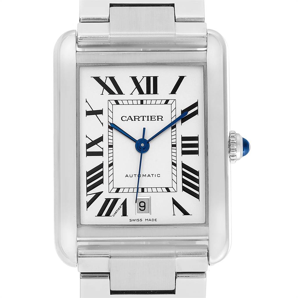 This is a frontal view of the Cartier Tank Solo W5200028 Men's Stainless Steel Silver Dial W5200028 Men's Stainless Steel Silver Dial watch, showing the face, hands, bezel, and part of the strap.