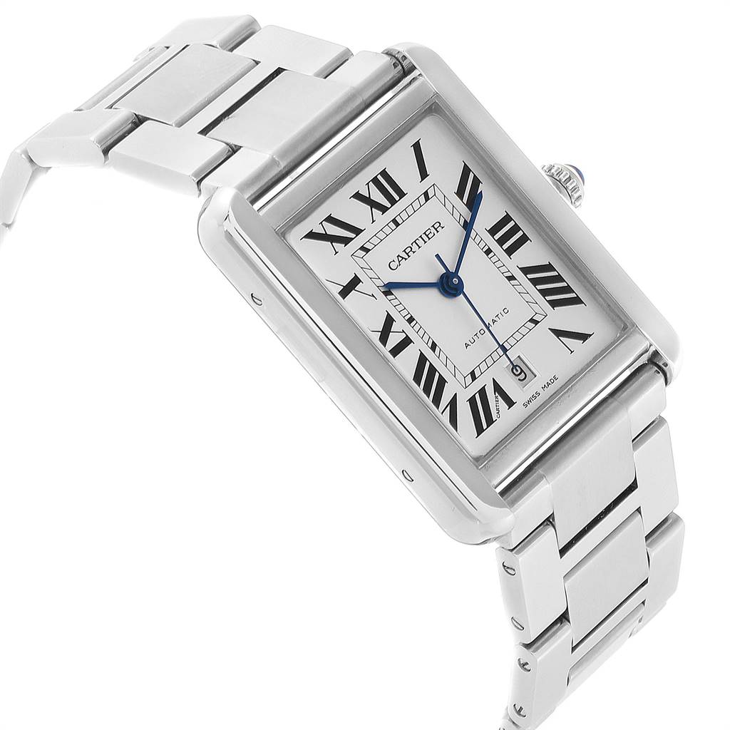 The Cartier Tank Solo W5200028 Men's Stainless Steel Silver Dial W5200028 Men's Stainless Steel Silver Dial watch is shown at a three-quarter angle, highlighting the face, Roman numeral dial, blue hands, and metal bracelet.