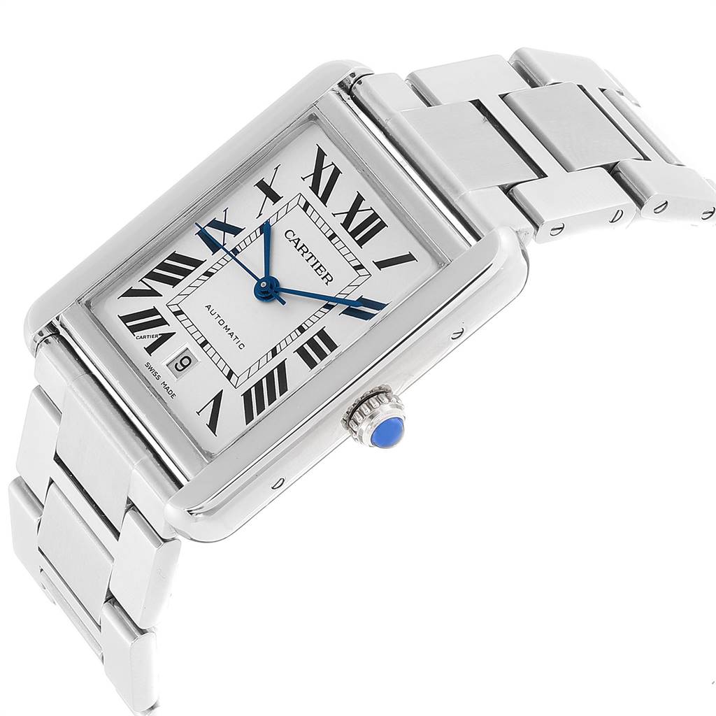 This image shows a close-up angle of the Cartier Tank Solo W5200028 Men's Stainless Steel Silver Dial W5200028 Men's Stainless Steel Silver Dial watch, highlighting its face, crown, and part of the metallic bracelet.