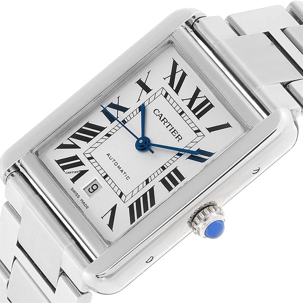 The image shows a close-up angled view of the Cartier Tank Solo W5200028 Men's Stainless Steel Silver Dial W5200028 Men's Stainless Steel Silver Dial watch face, crown with blue gem, and part of the metal bracelet.