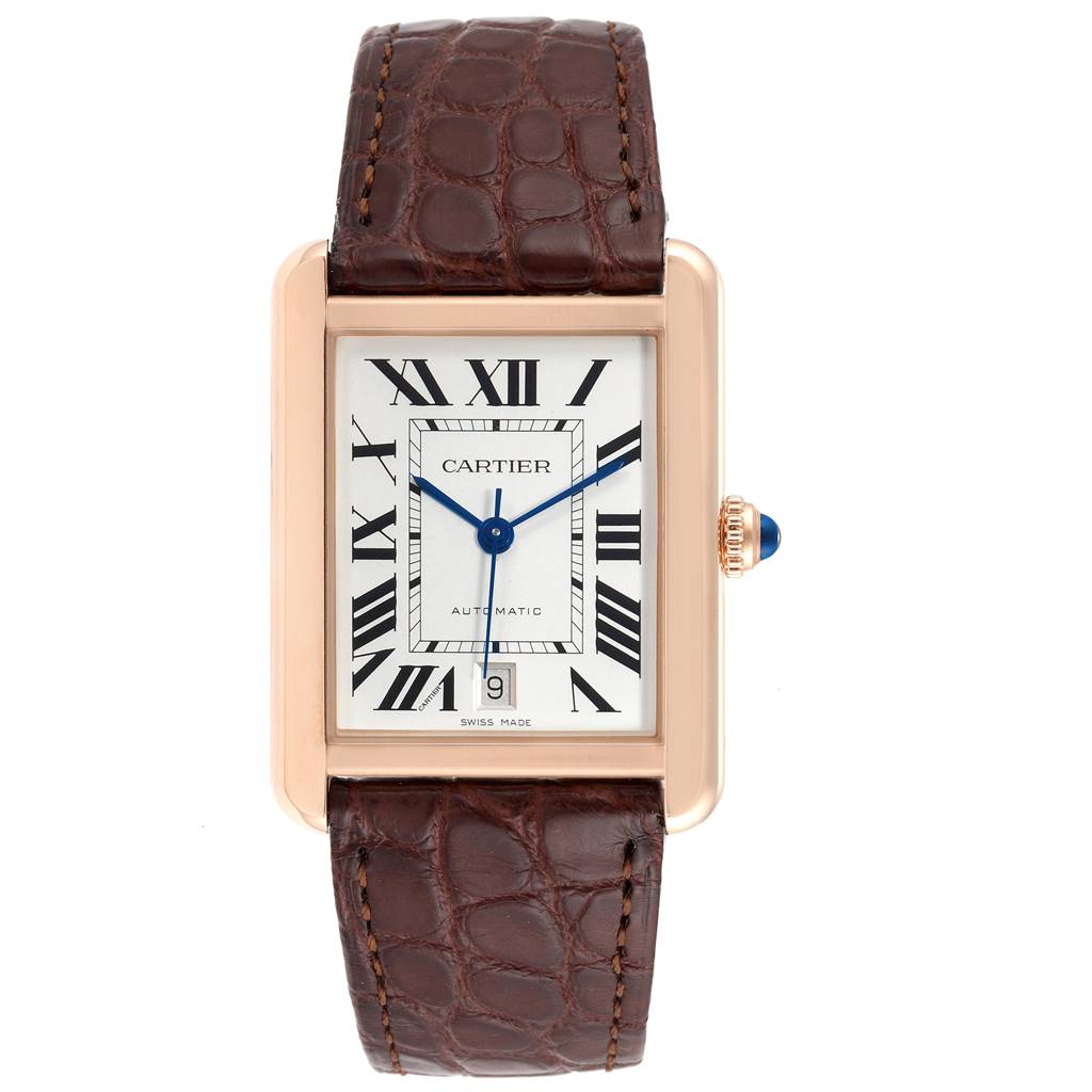 This image shows a Cartier Tank Solo W5200026 Men's Steel and Gold (two tone) Silver Dial W5200026 Men's Steel and Gold (two tone) Silver Dial watch with a rectangular face, Roman numerals, blue hands, and a brown leather strap, viewed from the front.