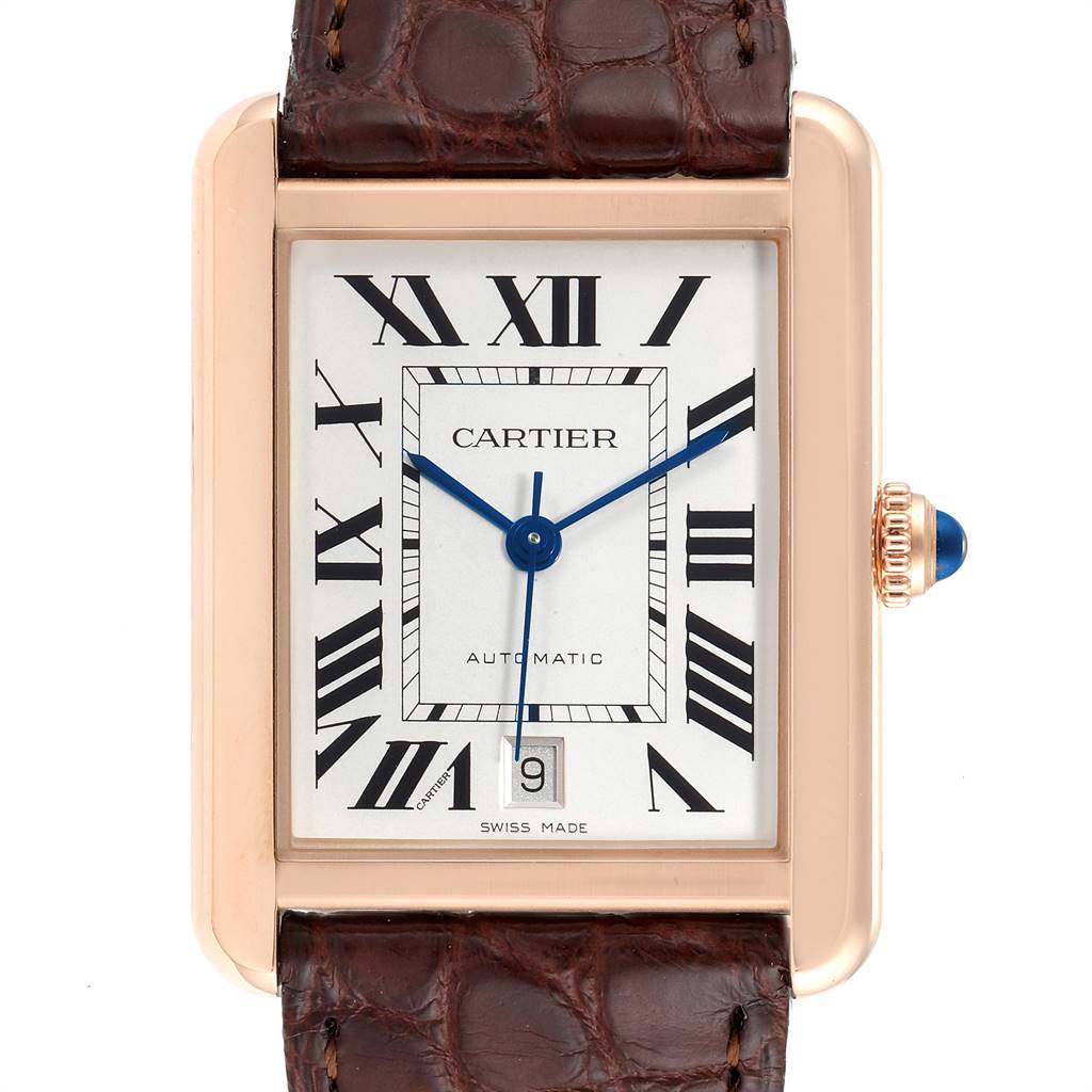 The image shows a frontal view of the Cartier Tank Solo W5200026 Men's Steel and Gold (two tone) Silver Dial W5200026 Men's Steel and Gold (two tone) Silver Dial watch, displaying its rectangular face, Roman numeral hour markers, and brown leather strap.