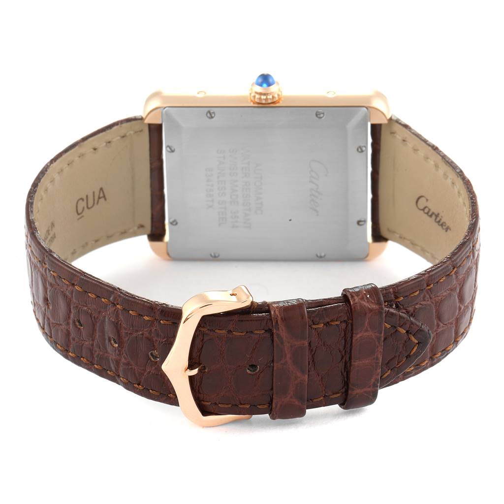 The image shows the back of a Cartier Tank Solo W5200026 Men's Steel and Gold (two tone) Silver Dial W5200026 Men's Steel and Gold (two tone) Silver Dial watch, highlighting its leather strap, case back, and buckle.