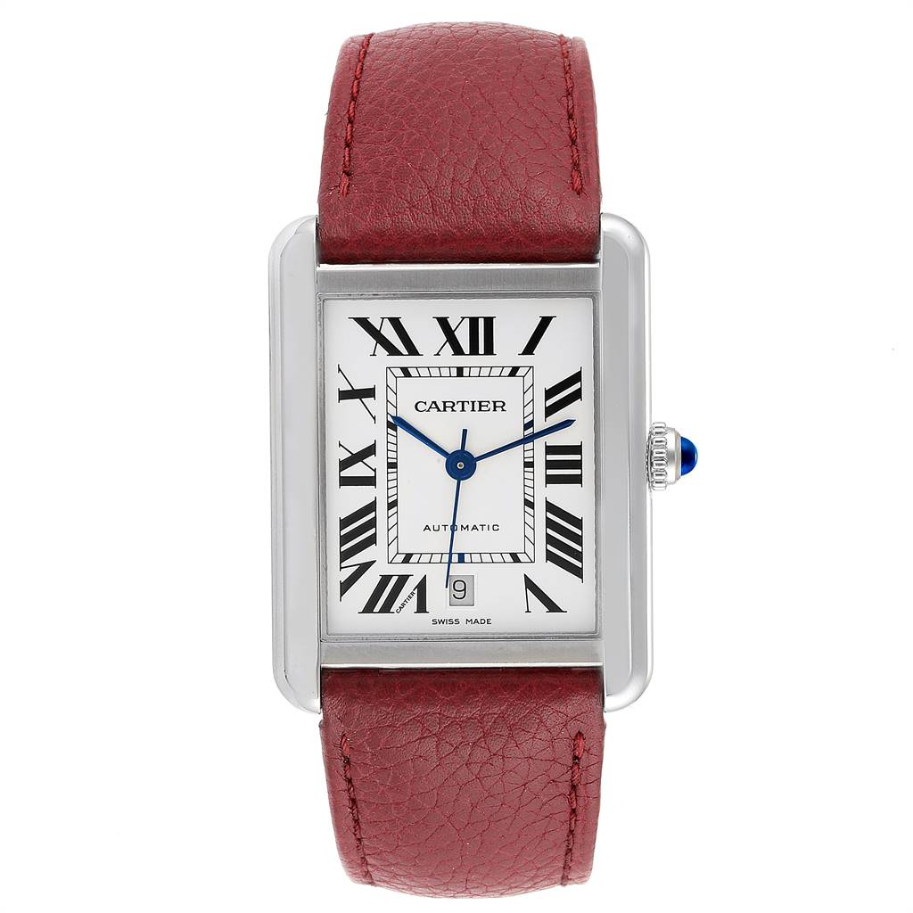 The Tank Solo model by Cartier is shown from a front view, displaying the dial, Roman numerals, and red leather strap.