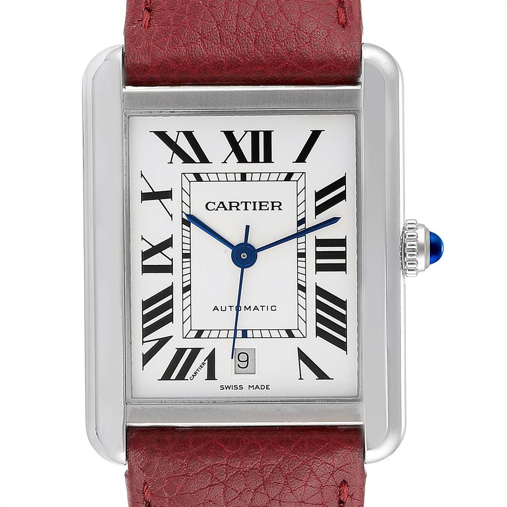 This image shows the front face of a Cartier Tank Solo W5200027 Men's Stainless Steel Silver Dial W5200027 Men's Stainless Steel Silver Dial watch with a red leather strap, roman numerals, and a date window.