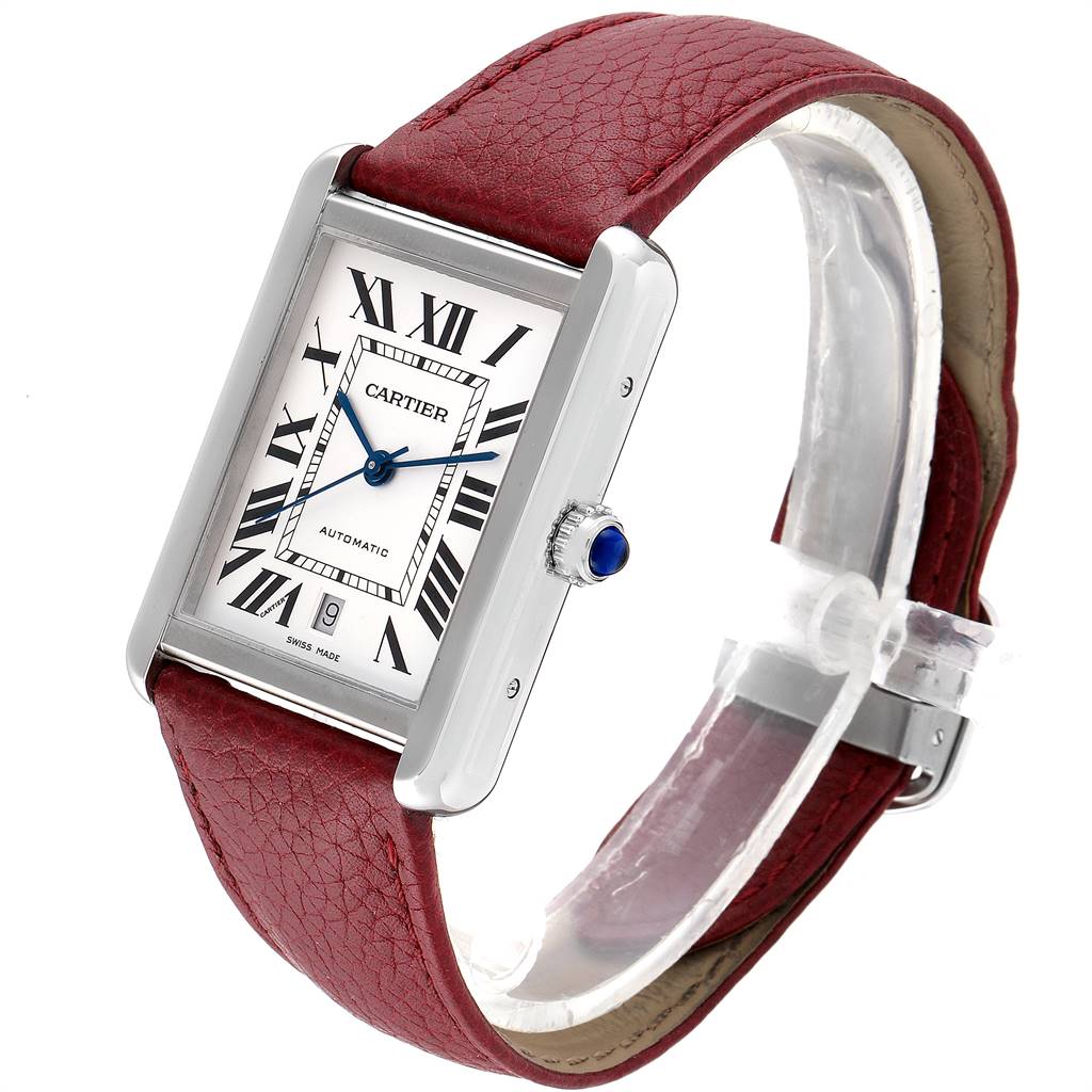 The Cartier Tank Solo W5200027 Men's Stainless Steel Silver Dial W5200027 Men's Stainless Steel Silver Dial watch is shown at a slight angle displaying the face, crown, and red leather strap.
