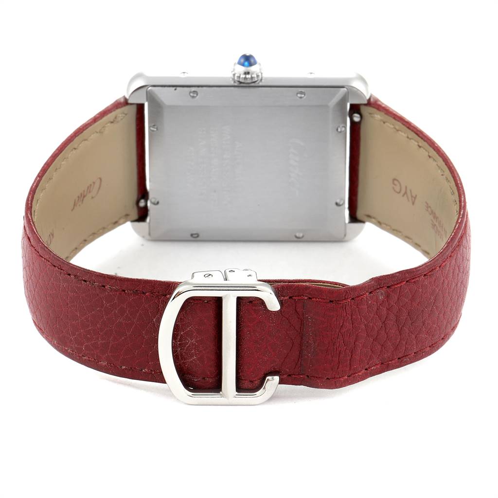 The image shows the back of a Cartier Tank Solo W5200027 Men's Stainless Steel Silver Dial W5200027 Men's Stainless Steel Silver Dial watch, highlighting the case, red leather strap, and buckle.