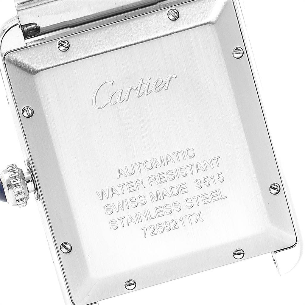 This image shows the back case of the Cartier Tank Solo W5200028 Men
s Stainless Steel Silver Dial W5200028 Men
s Stainless Steel Silver Dial watch, displaying the brand
s engraving and specifications.