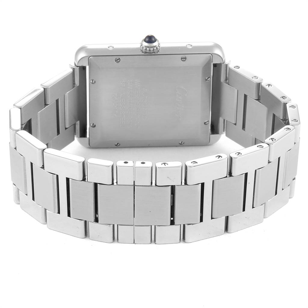 The image shows the back view of a Cartier Tank Solo W5200028 Men
s Stainless Steel Silver Dial W5200028 Men
s Stainless Steel Silver Dial watch, highlighting its stainless steel case and bracelet.