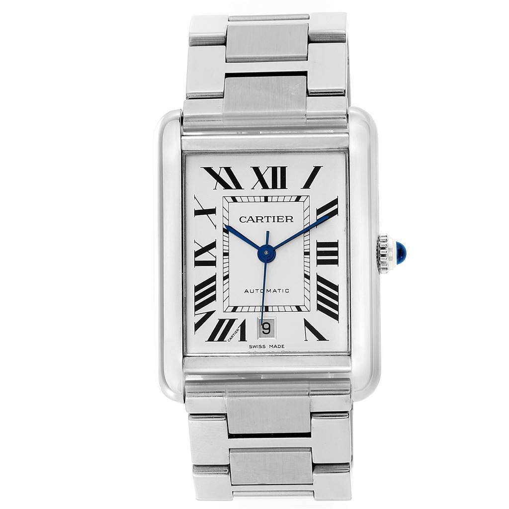 This image shows a front view of the Cartier Tank Solo W5200028 Men
s Stainless Steel Silver Dial W5200028 Men
s Stainless Steel Silver Dial watch, displaying the face, bracelet, and crown.