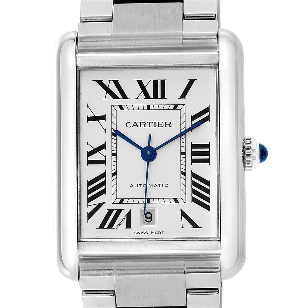This image shows a front view of a Cartier Tank Solo W5200028 Men
s Stainless Steel Silver Dial W5200028 Men
s Stainless Steel Silver Dial watch, displaying its rectangular face, Roman numerals, and metallic bracelet.