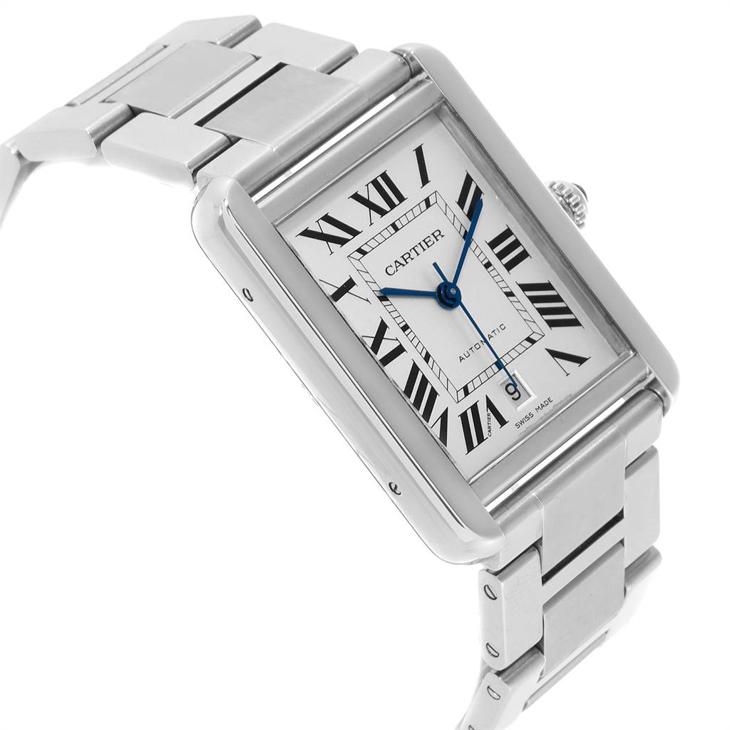 The image shows a Cartier Tank Solo W5200028 Men
s Stainless Steel Silver Dial W5200028 Men
s Stainless Steel Silver Dial watch angled from the side, displaying its face, bracelet, and crown.