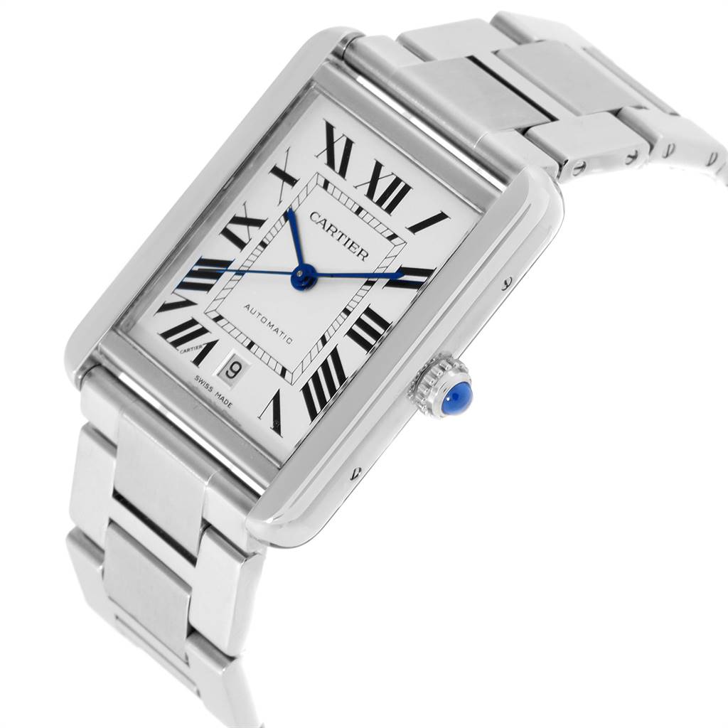 The image shows a Cartier Tank Solo W5200028 Men
s Stainless Steel Silver Dial W5200028 Men
s Stainless Steel Silver Dial watch at an angled view, highlighting its rectangular face, Roman numerals, and silver bracelet.