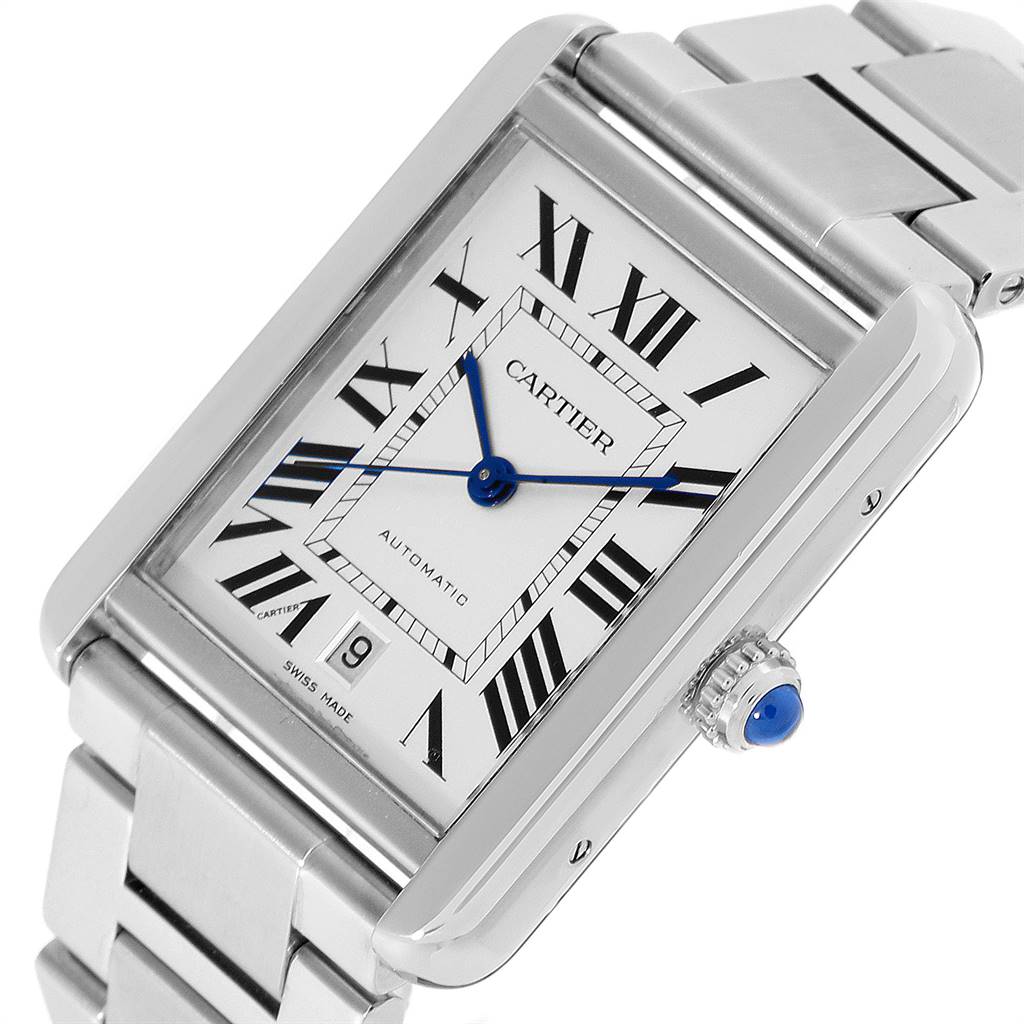 The image shows a Cartier Tank Solo W5200028 Men
s Stainless Steel Silver Dial W5200028 Men
s Stainless Steel Silver Dial watch tilted at a slight angle, displaying its dial, case, crown, and part of the bracelet.