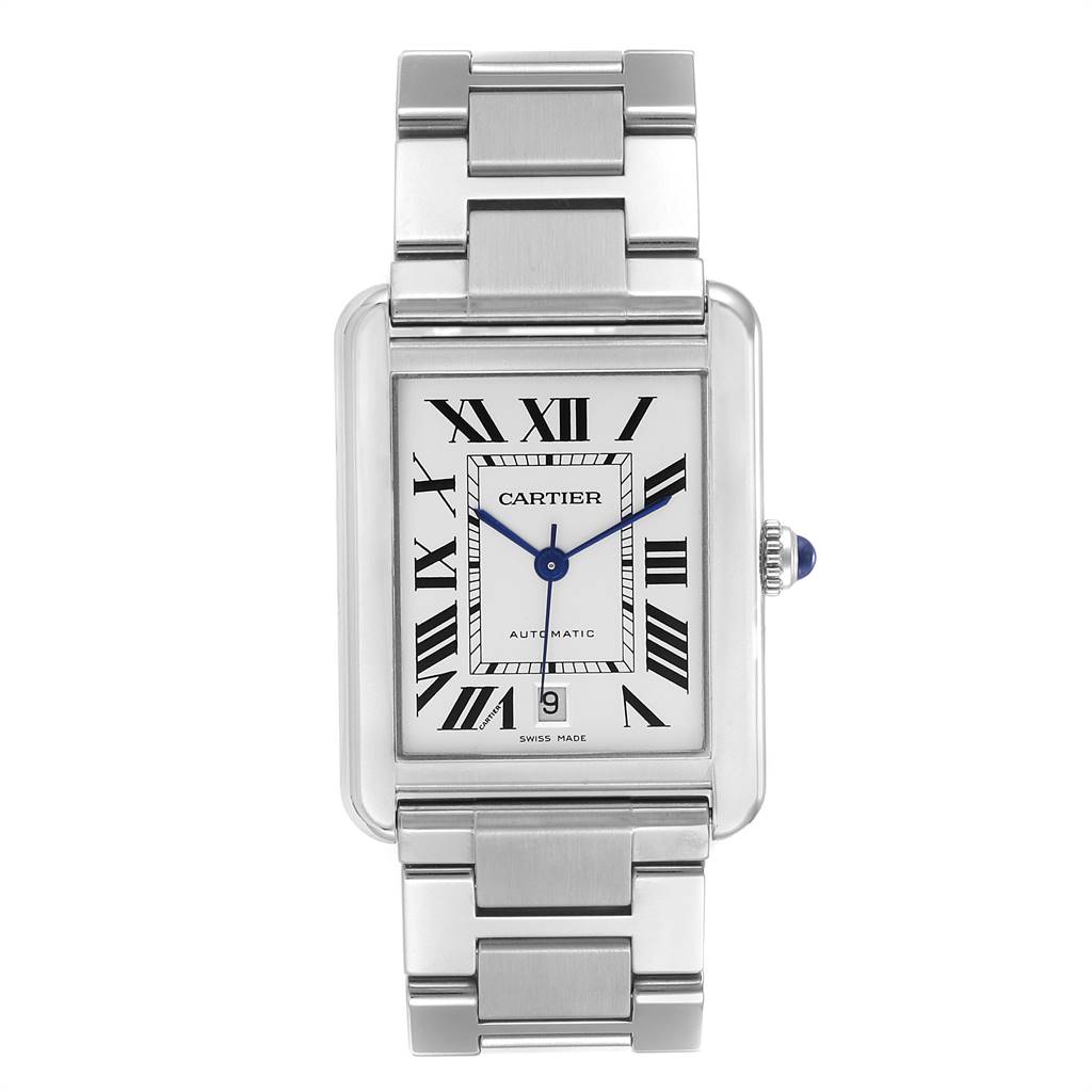 The image shows a front view of a Cartier Tank Solo W5200028 Men's Stainless Steel Silver Dial W5200028 Men's Stainless Steel Silver Dial watch, featuring its face, dial, and stainless steel bracelet.