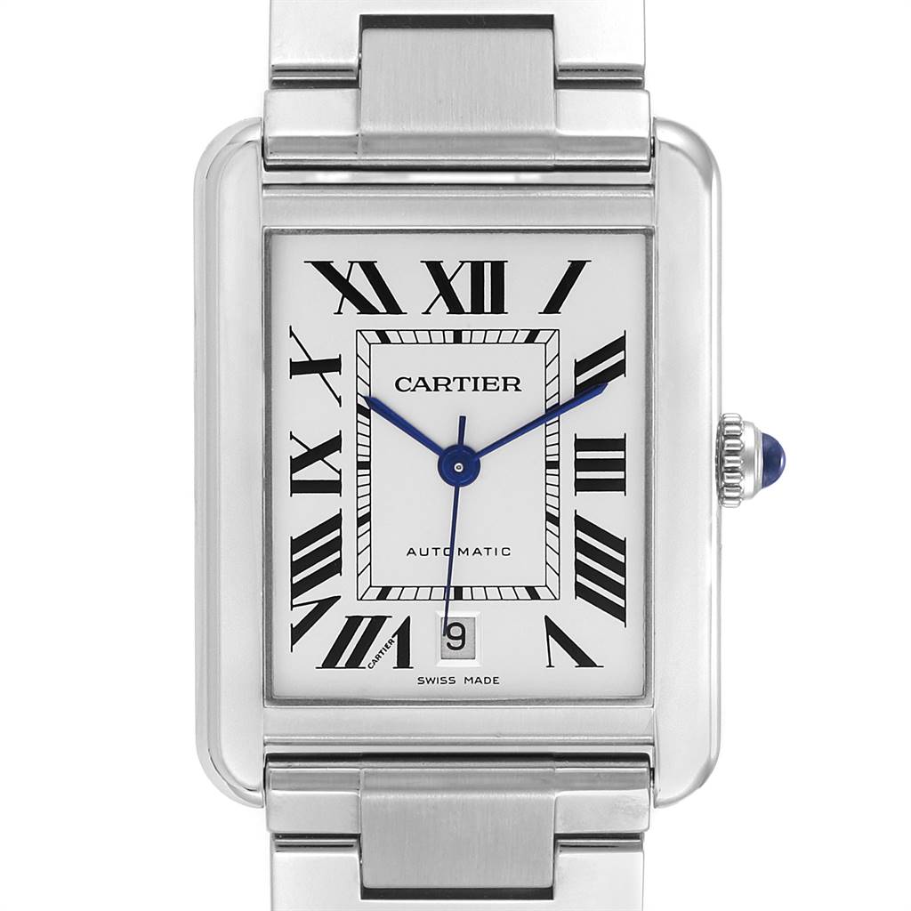The image shows a front view of the Cartier Tank Solo W5200028 Men's Stainless Steel Silver Dial W5200028 Men's Stainless Steel Silver Dial watch, displaying its face, Roman numerals, and part of the metal bracelet.