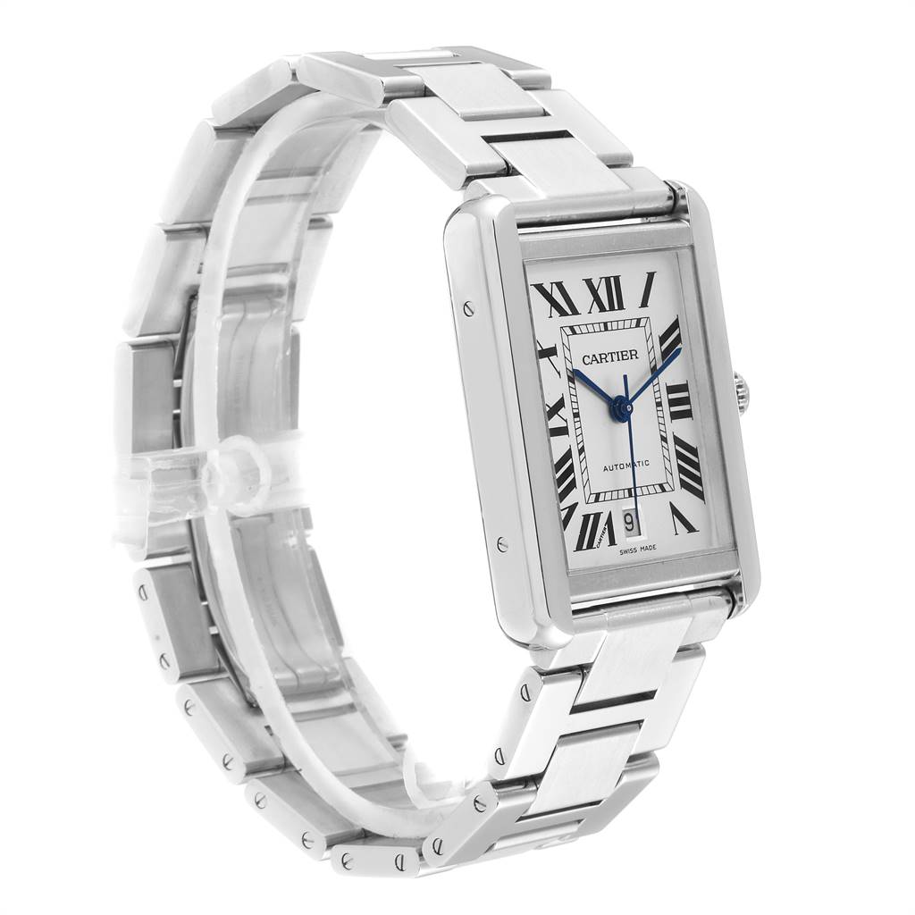 The image shows a side front angle of the Cartier Tank Solo W5200028 Men's Stainless Steel Silver Dial W5200028 Men's Stainless Steel Silver Dial watch, highlighting its rectangular face and metal bracelet.