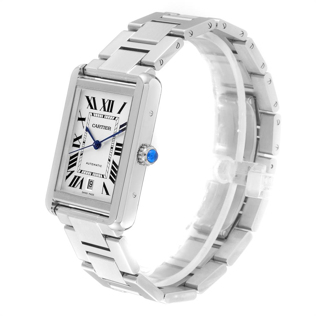 The image shows a Cartier Tank Solo W5200028 Men's Stainless Steel Silver Dial W5200028 Men's Stainless Steel Silver Dial watch at a three-quarter angle, highlighting its face, side profile, and bracelet.