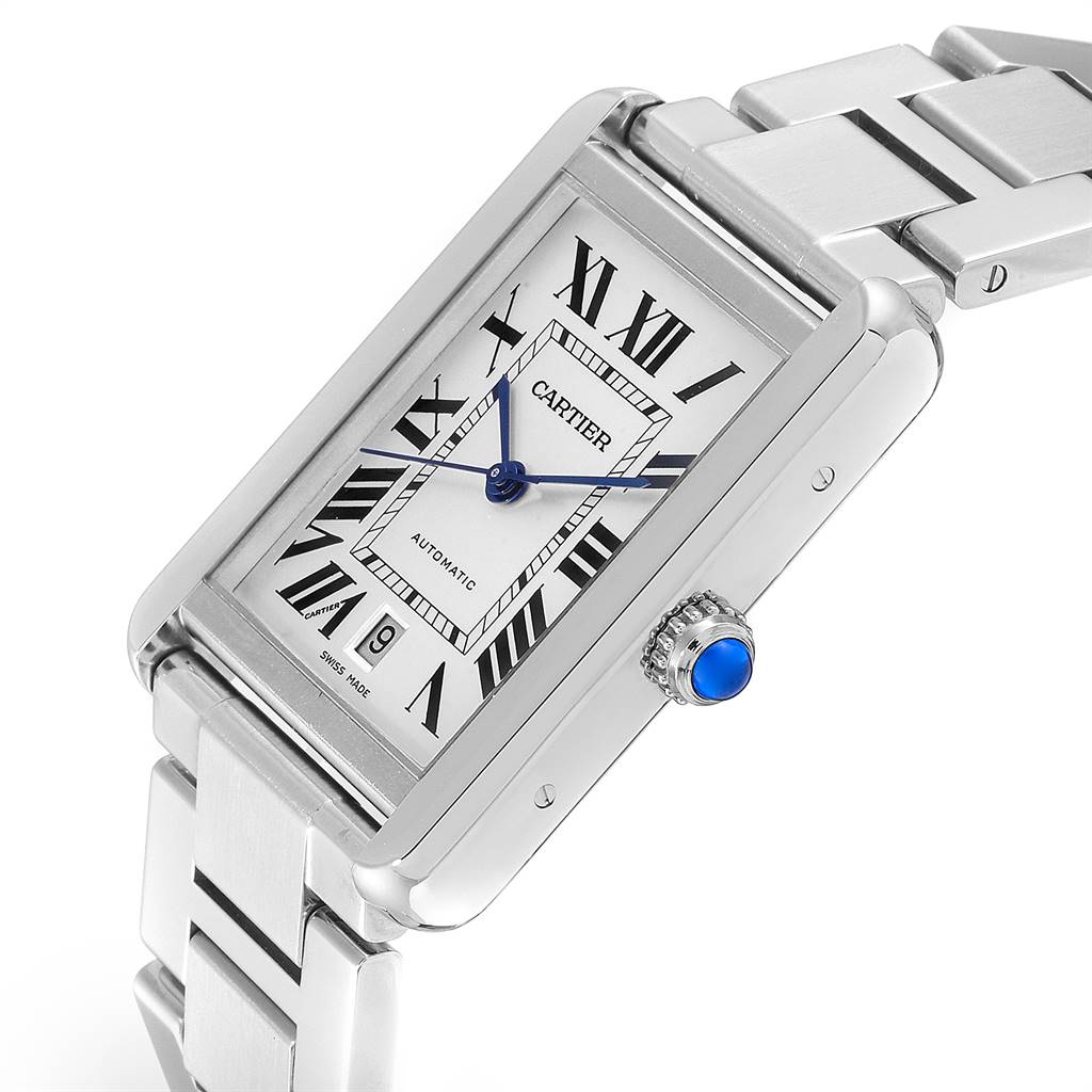 The Cartier Tank Solo W5200028 Men's Stainless Steel Silver Dial W5200028 Men's Stainless Steel Silver Dial watch is shown at an angle revealing its face, blue hands, and crown detail on a metal bracelet.
