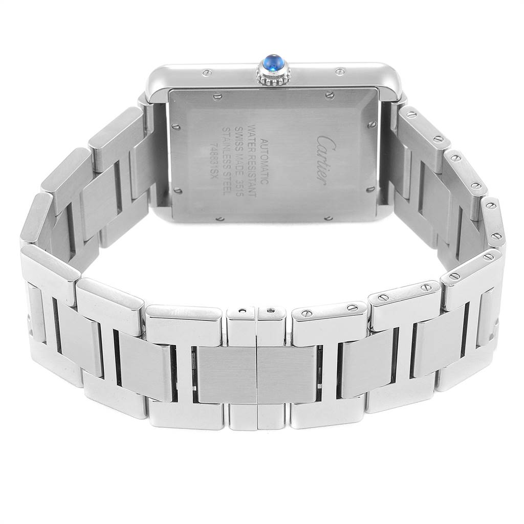 The image shows the back view of a Cartier Tank Solo W5200028 Men's Stainless Steel Silver Dial W5200028 Men's Stainless Steel Silver Dial watch, highlighting the stainless steel case and bracelet.