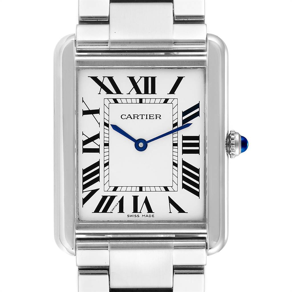 The image shows a front view of a Cartier Tank Solo W5200014 Men
s Stainless Steel Silver Dial W5200014 Men
s Stainless Steel Silver Dial watch, highlighting its face, Roman numeral markers, and metal band.